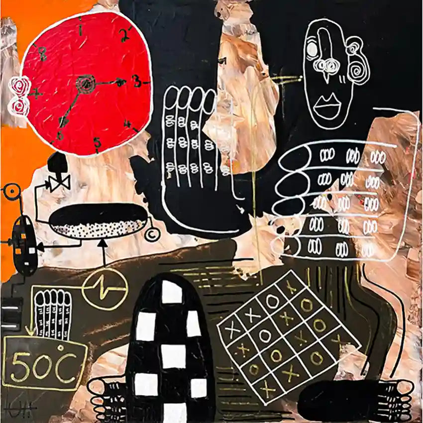 Chemicals In My Blood by Usra Hamza mixed media on canvas with red clock, abstract figures, hands, and tic-tac-toe grid