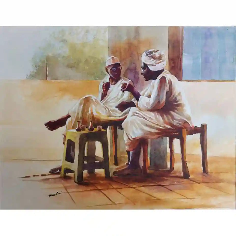 Coffee Break watercolor by Hussein Merghani showing two Sudanese men in conversation sitting on chairs in golden light
