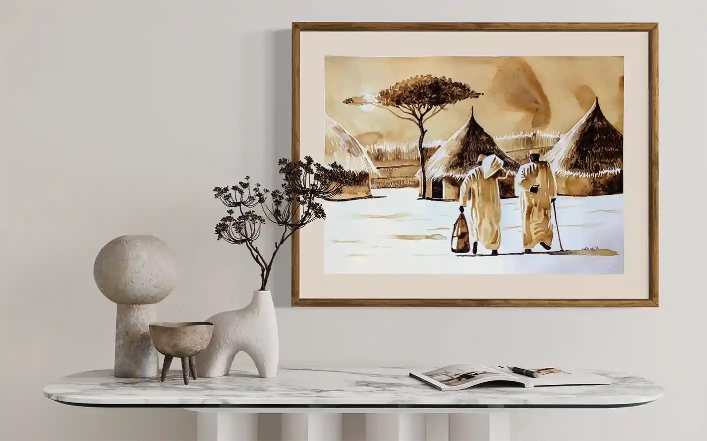 Coffee Chronicles Under the Acacia framed art print mockup by Salih Abdo - coffee painting displayed in modern interior