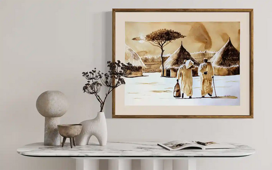 Coffee Chronicles Under the Acacia framed art print mockup by Salih Abdo - coffee painting displayed in modern interior