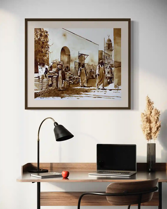 Coffee Chronicles Among the Arches framed art print mockup by Salih Abdo - marketplace scene displayed in modern office