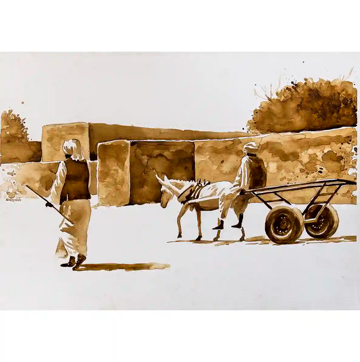 Coffee Chronicles Morning Delivery art print by Salih Abdo - Sudanese donkey cart scene painted with coffee in sepia