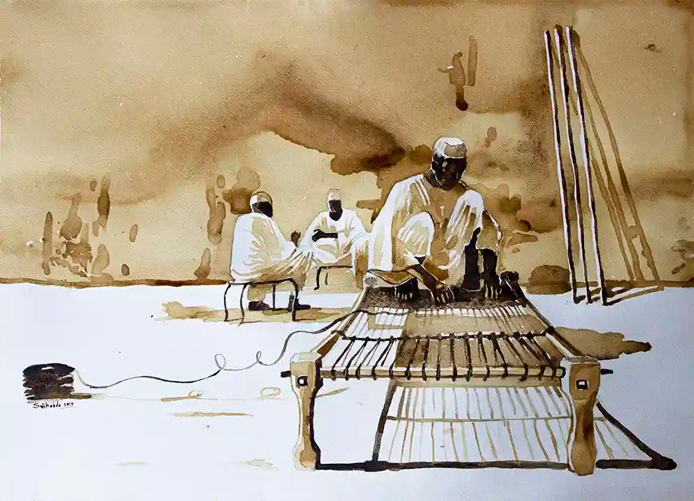 Coffee Chronicles: The Rope Weaver art print by Salih Abdo showing Sudanese artisan weaving daybed, painted with coffee
