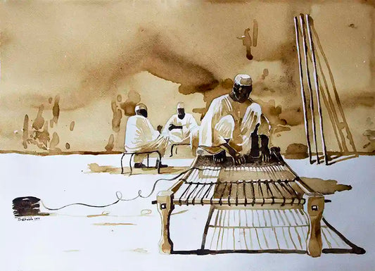 Coffee Chronicles: The Rope Weaver art print by Salih Abdo showing Sudanese artisan weaving daybed, painted with coffee