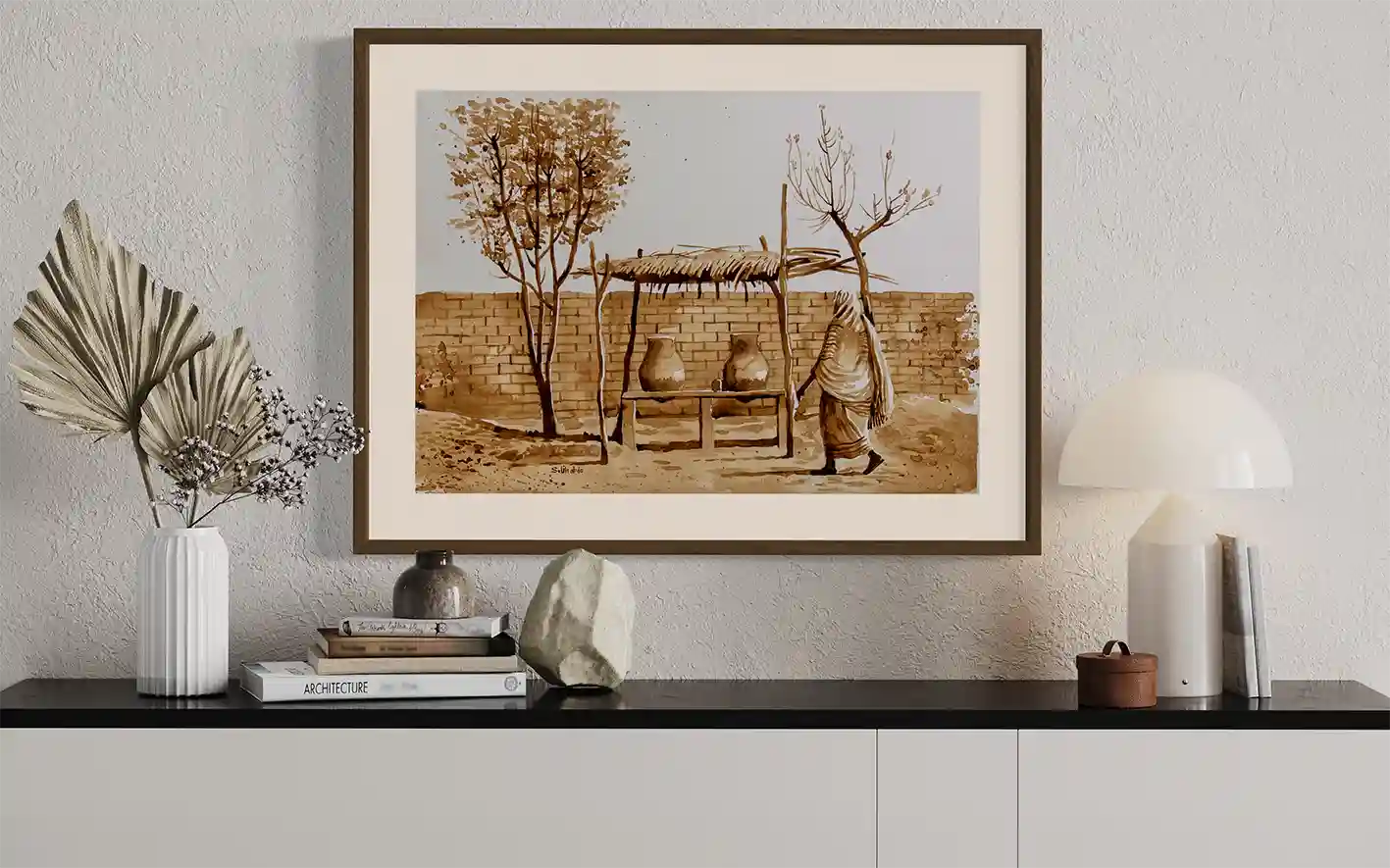 Coffee Chronicles in the Shade art print by Salih Abdo showing traditional Sudanese courtyard scene with clay water pots
