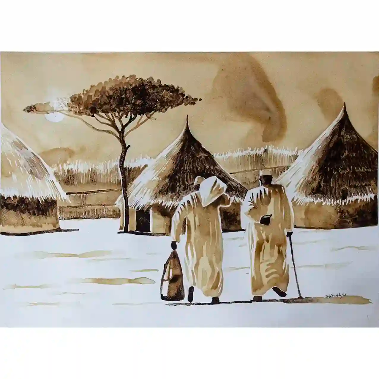 Coffee Chronicles Under the Acacia art print by Salih Abdo - Sudanese village scene with men walking painted with coffee