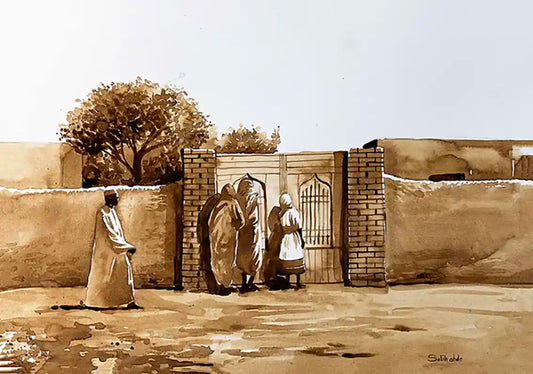 Coffee Chronicles: The Welcome Door art print by Salih Abdo showing Sudanese family at ornate doorway, painted with coffee