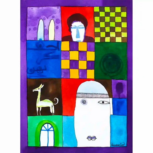 Collected Memories colorful grid art print by Abushariaa Ahmed featuring diverse panels with portraits, patterns, and imagery