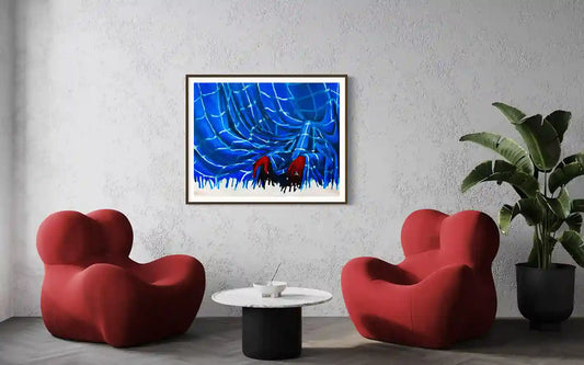 Comfort Of Soul by Mujahid Alhadi framed acrylic artwork displayed in modern living room with red sculptural chairs