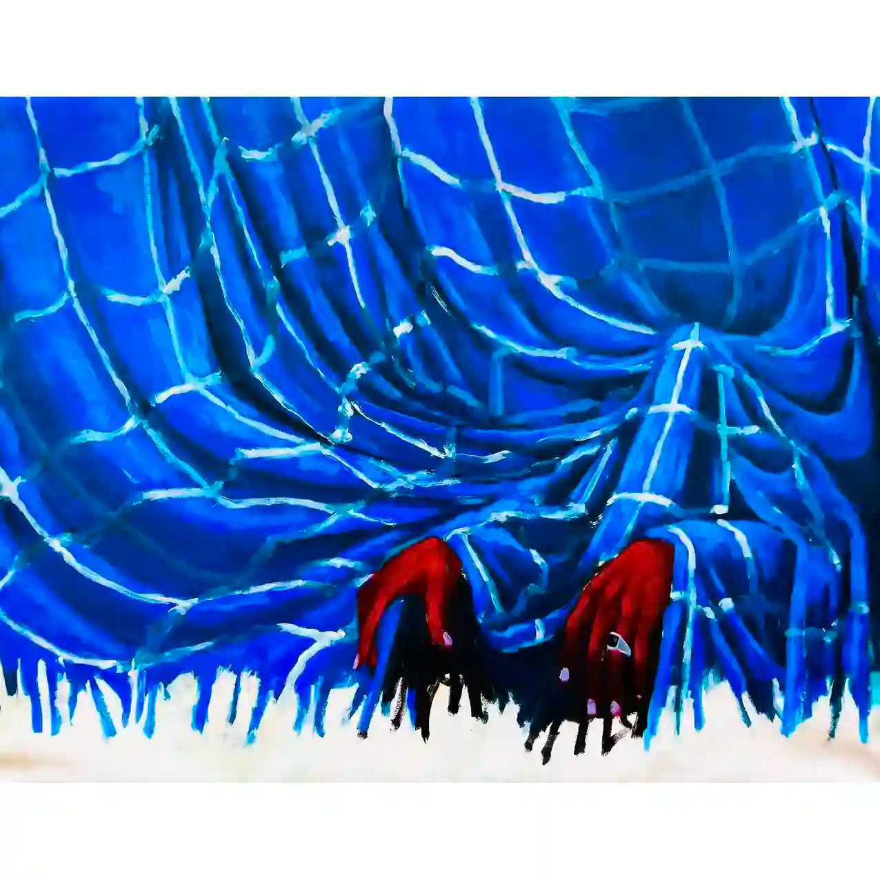 Comfort Of Soul by Mujahid Alhadi acrylic painting showing figure hiding behind blue fabric with only red hands visible