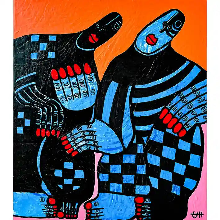Connection by Usra Hamza mixed media on canvas featuring two abstract figures with blue checkered patterns and red nails