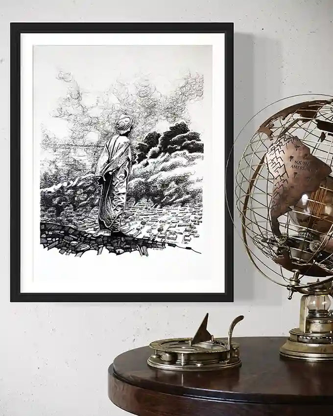 Contemplation ink drawing by Obada Gabir framed in black frame, displayed in modern interior with decorative globe