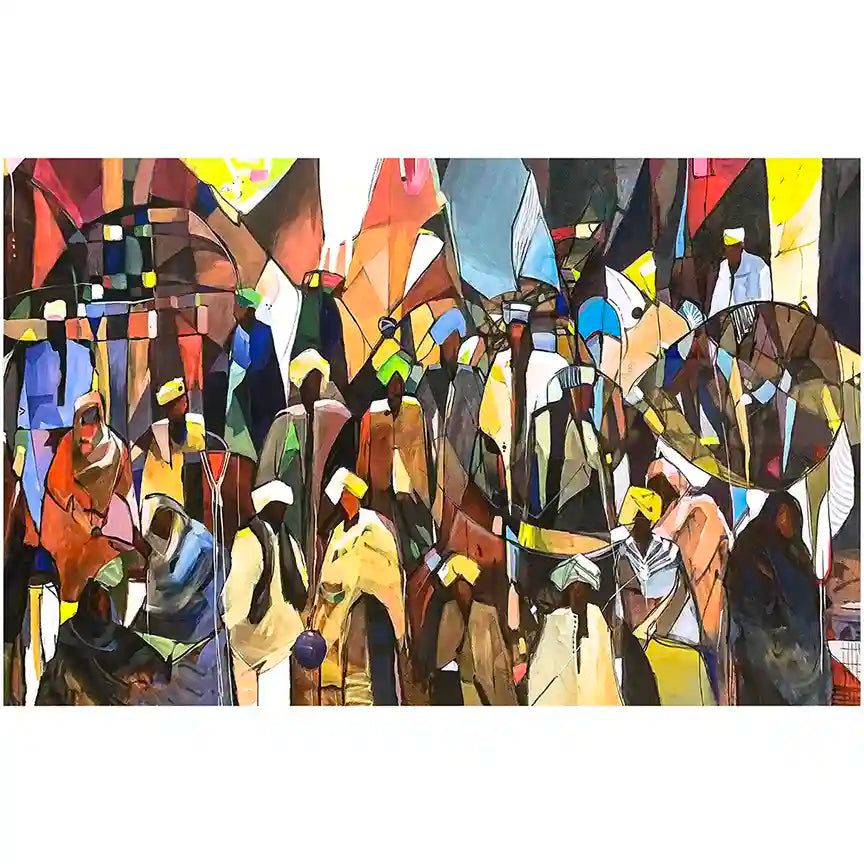 Conversations in Color cubist art print by Sudanese artist Omer Kamal featuring geometric figures in traditional dress