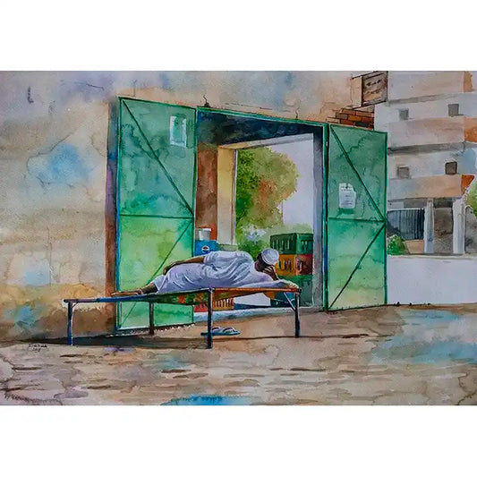 The Corner Shop watercolor art print by Salih Abdo showing Sudanese shop owner resting on daybed by green doors
