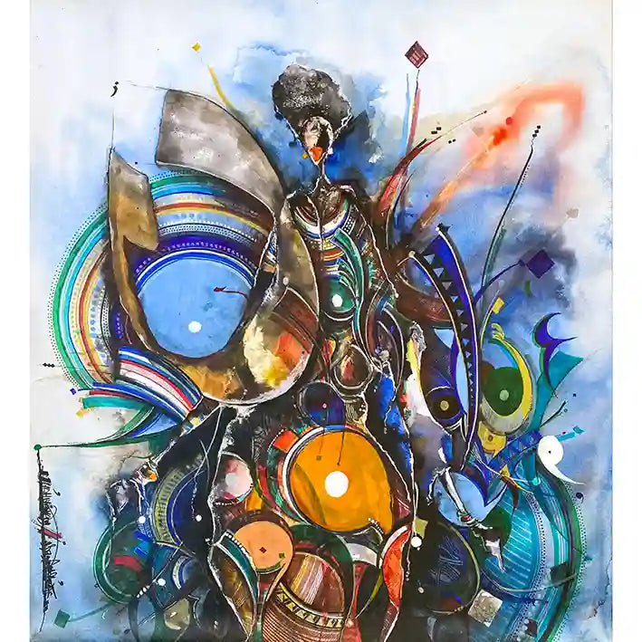 Cosmic Symphony mixed media painting by Mohamed Wraag featuring Arabic calligraphy and vibrant circular abstract forms