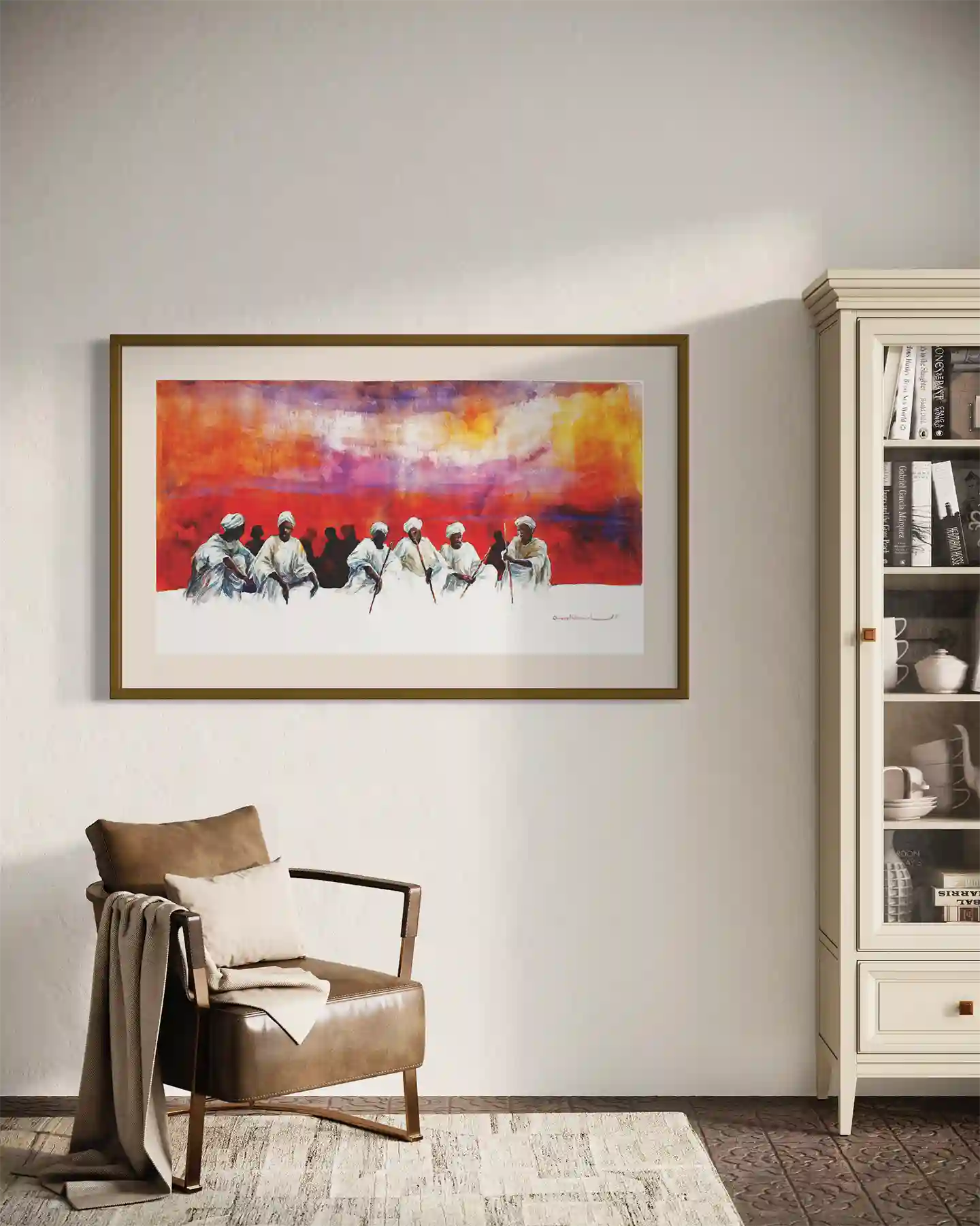Council of Elders framed art print by Omer Kamal hanging above leather chair in modern neutral living room interior