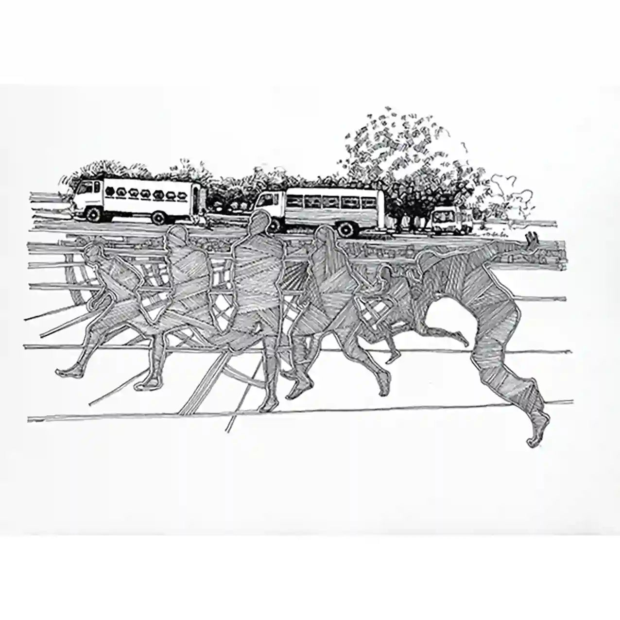 Crossing Shadows by Obada Gabir - original ink painting on paper showing ghost-like figures with trucks and buses background