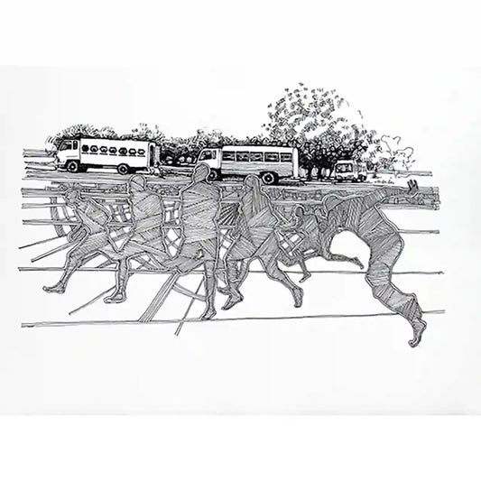 Crossing Shadows by Obada Gabir - original ink painting on paper showing ghost-like figures with trucks and buses background