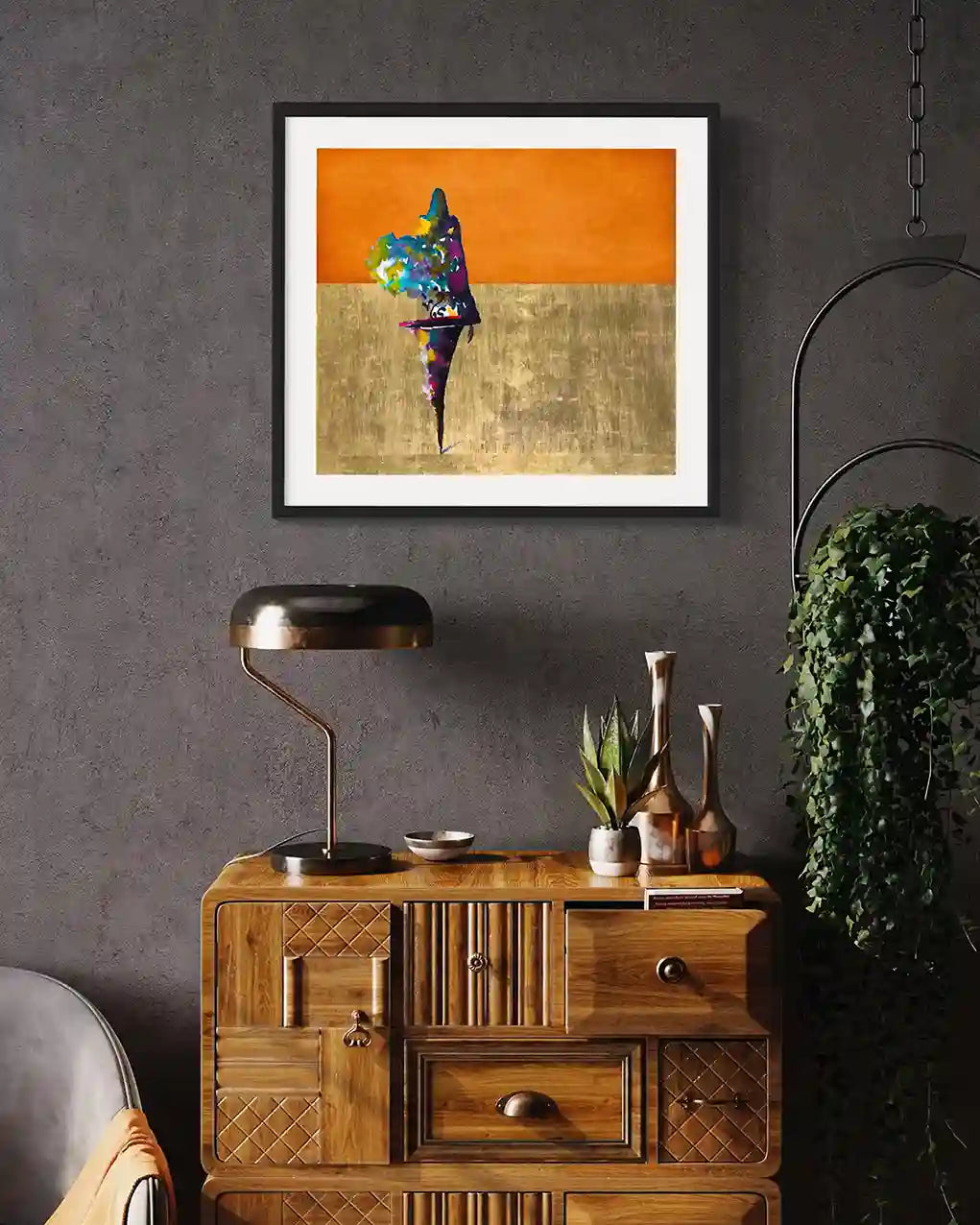 Cultural Grace digital art print displayed in black frame above wooden cabinet in modern interior home decor room setting