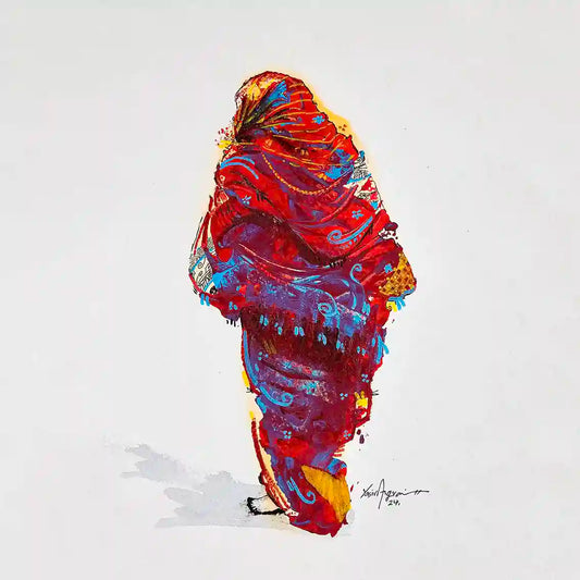 Daughters of the Nile 1 art print by Yasir Algrai featuring Sudanese woman in vibrant traditional dress, colorful painting