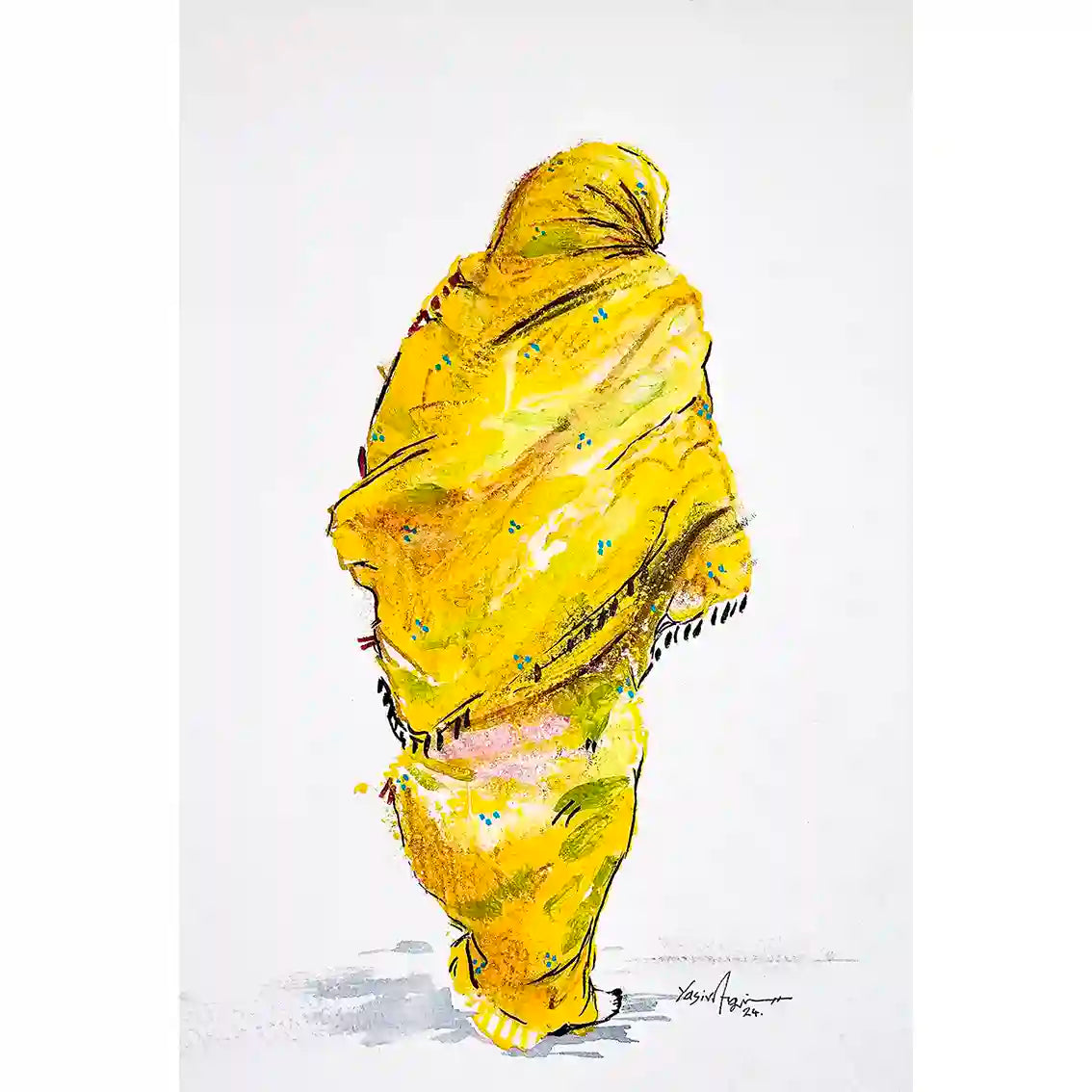 Daughters of the Nile 2 art print by Yasir Algrai featuring Sudanese woman in golden traditional dress, vibrant painting