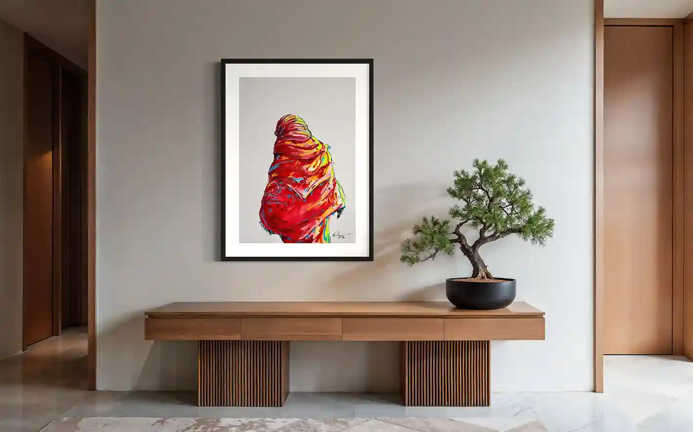 Daughters of the Nile 4 framed art print in minimalist Japanese-style interior with wooden furniture and bonsai tree