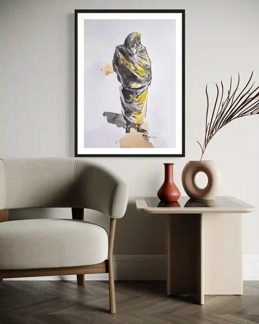 Daughters Nile 5 framed art print mockup modern living room beige sofa side table wall decor Yasir Algrai Sudanese woman