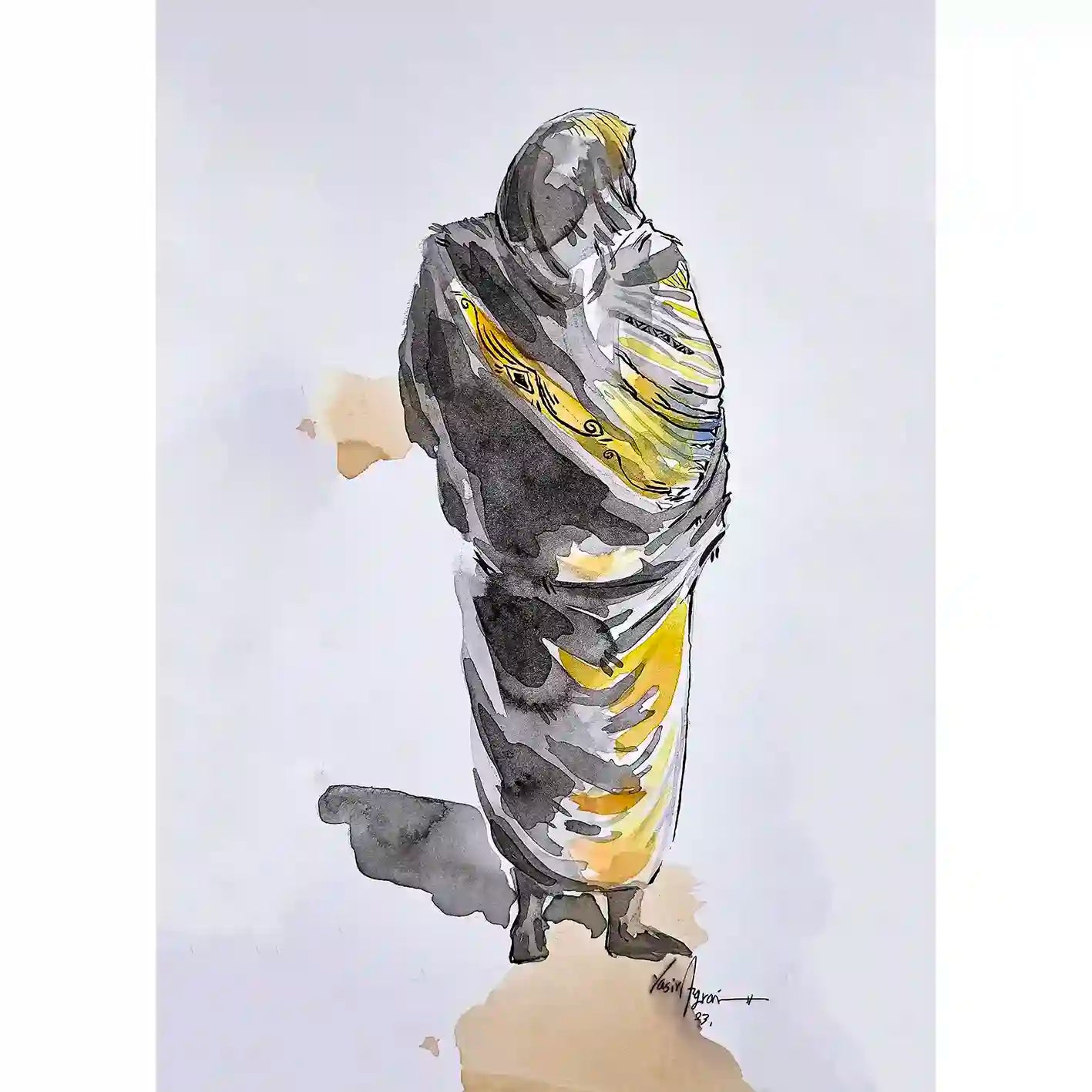 Daughters Nile 5 art print Yasir Algrai Sudanese woman traditional dress gray yellow watercolor abstract contemporary art