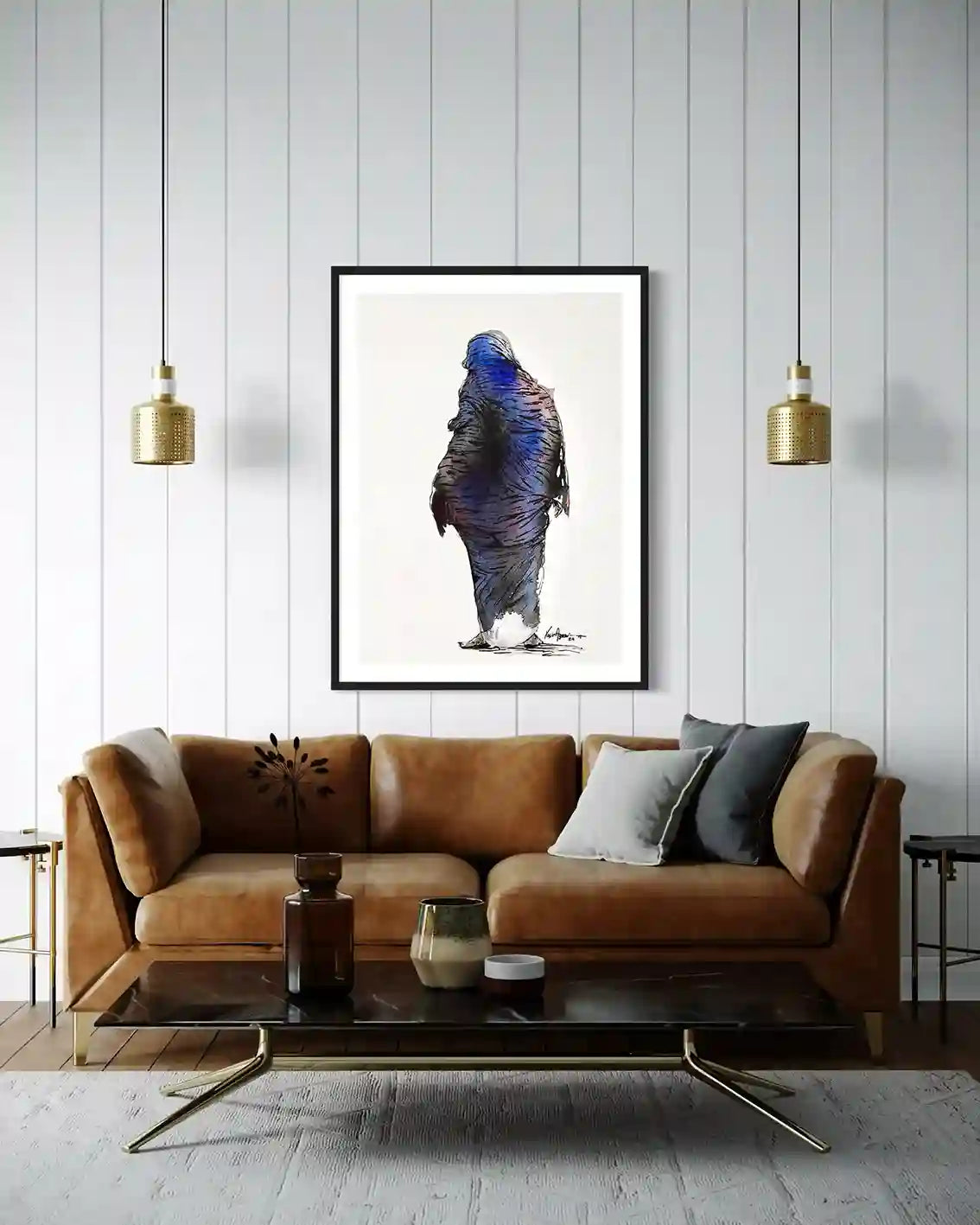 Daughters Nile 6 framed art print mockup leather sofa pendant lights modern living room wall decor art by Yasir Algrai