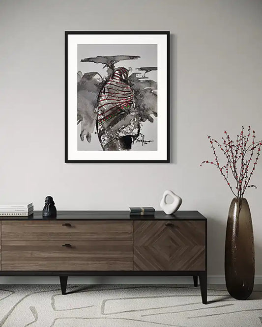 Daughters of the Nile 8 framed art print mockup by Yasir Algrai displayed on gray wall above wooden console table