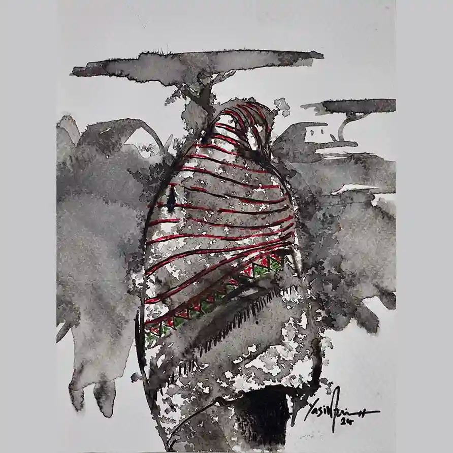 Daughters of the Nile 8 art print by Yasir Algrai featuring Sudanese woman in traditional striped dress watercolor