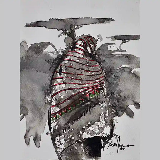 Daughters of the Nile 8 art print by Yasir Algrai featuring Sudanese woman in traditional striped dress watercolor