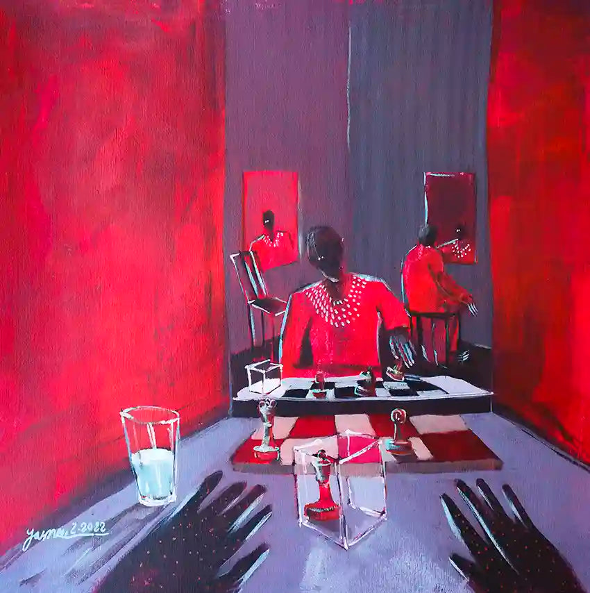 Contemporary art print "The Dice Player" by Yasmeen Abdullah showing figures in dramatic red interior with chess and dice