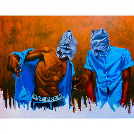 Don't Think Twice acrylic painting by Mujahid Alhadi - two blue-clothed figures with covered faces on orange canvas