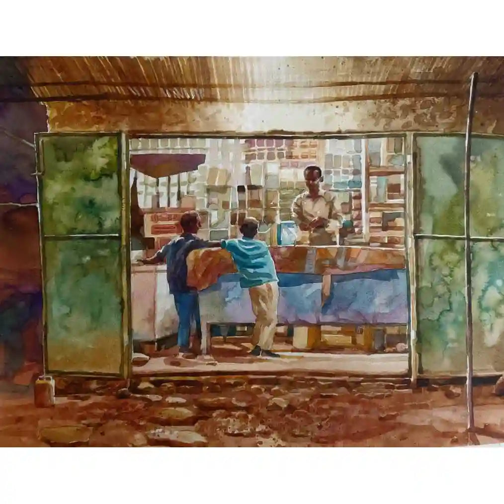 Evening Errands watercolor painting by Hussein Merghani showing two boys at corner shop, original art for sale online
