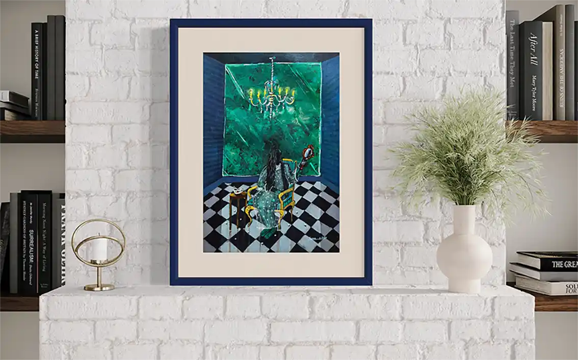 Framed painting A Feminine Day by Yasmeen Abdullah on white brick mantel with books and minimalist styling