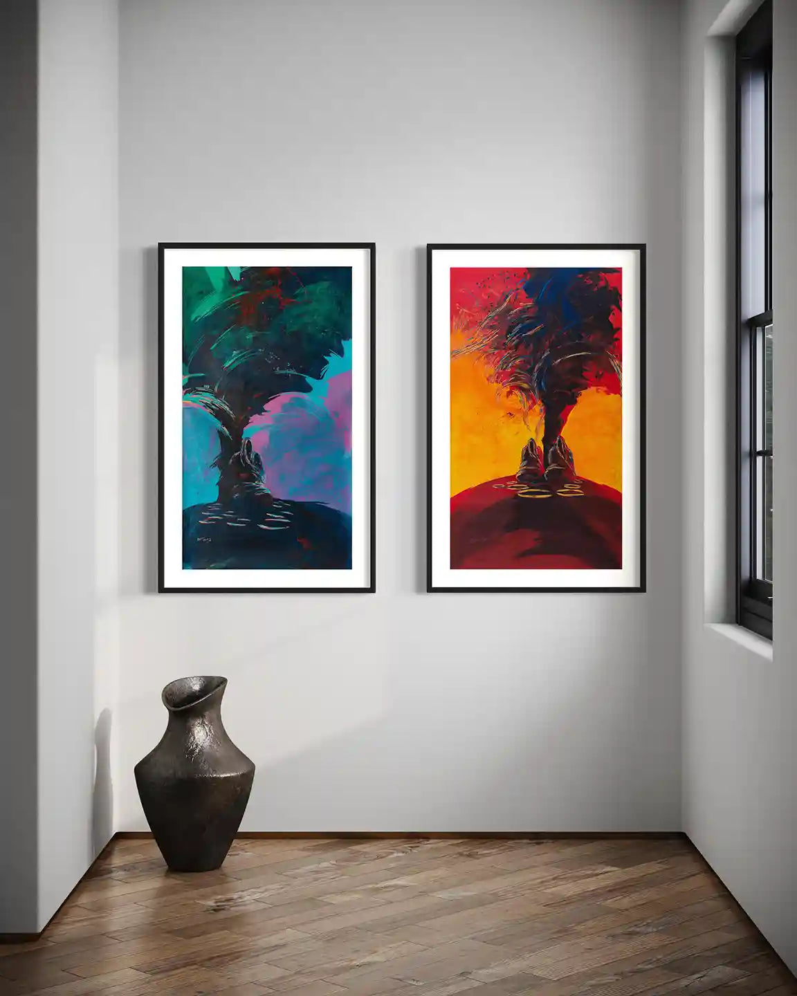First Light and Last Light art prints by Bakri Moaz displayed as pair in black frames on white wall with ceramic vase