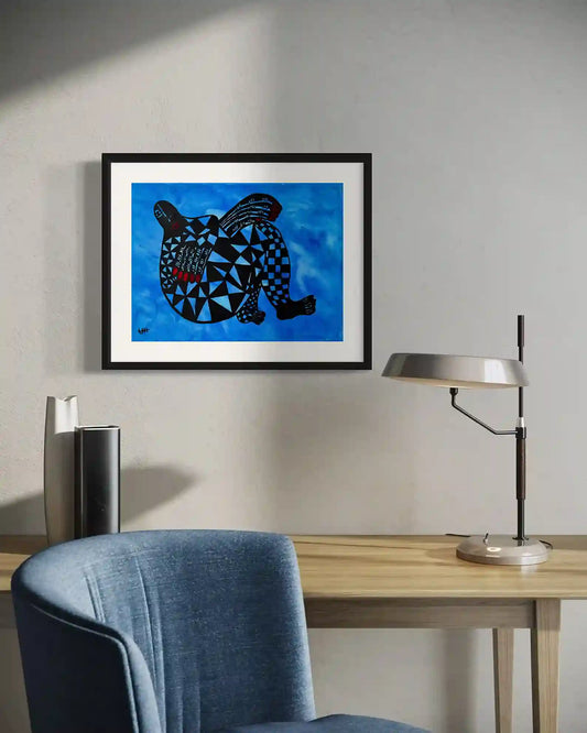 Floating by Usra Hamza framed art mockup on wall in modern office, showing circular figure with geometric patterns on blue