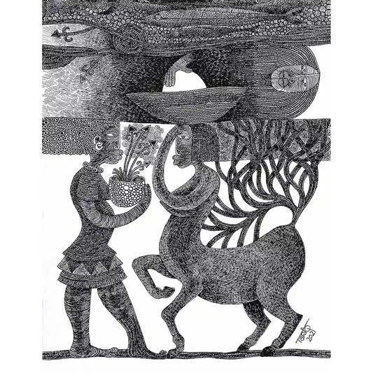 Art print "The Forest Oracle" by Tariq Nasre showing detailed pen and ink drawing of figure meeting mythical centauress being