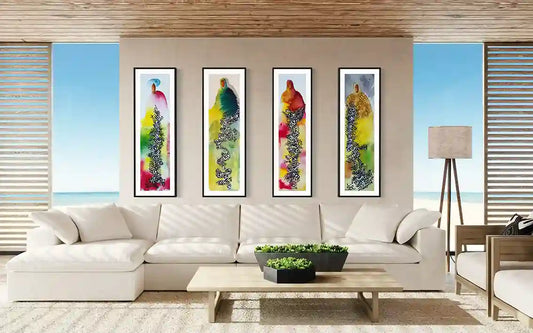 Modern living room has white sofa with four framed art Prints 'Night-woven' above it in setting. by Yousif Ibrahim- UAE