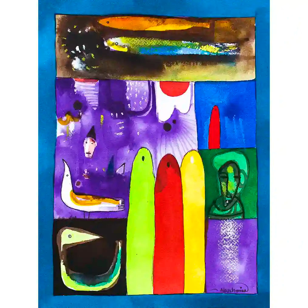 Fragmented Dreams colorful mixed media art print by Abushariaa Ahmed featuring compartmentalized scenes with vibrant imagery