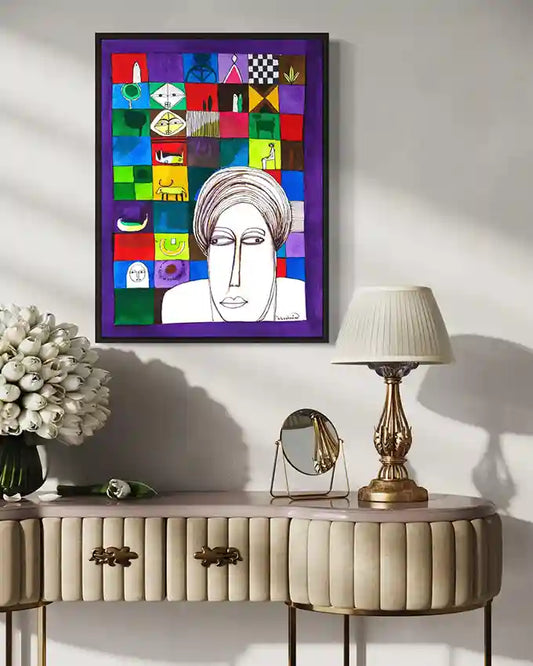 "Fragments of Identity" by Abushariaa Ahmed displayed in elegant interior with vintage furniture and brass lamp