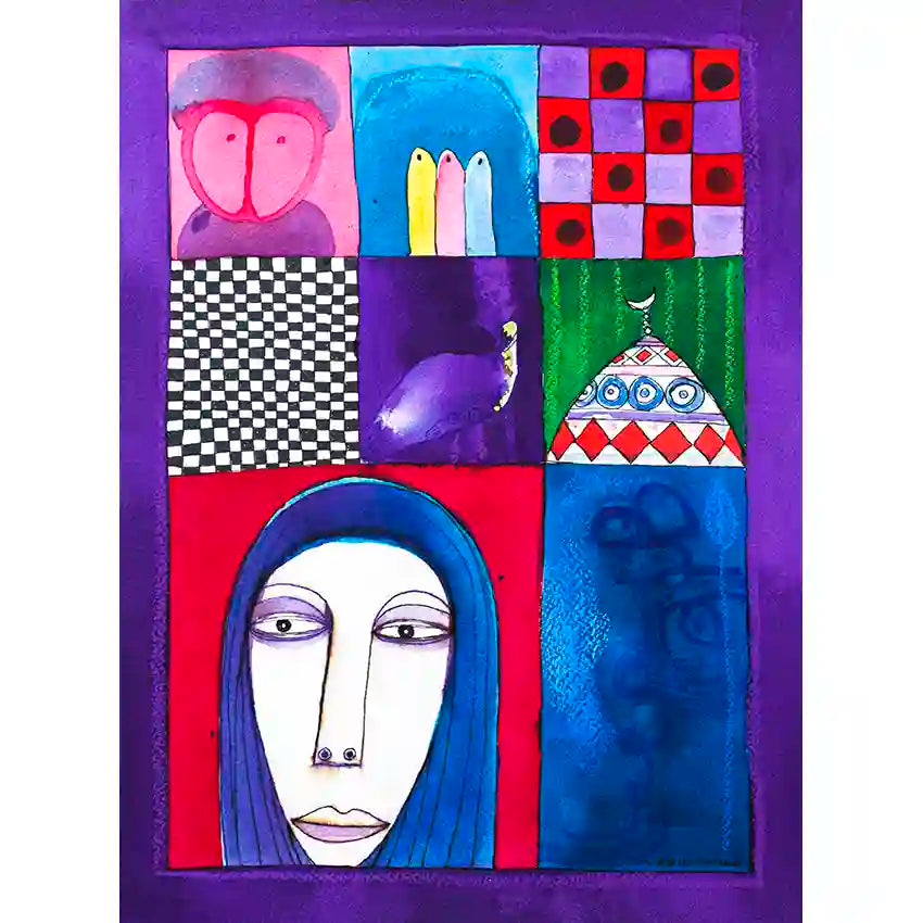 "Fragments of Identity 2" by Abushariaa Ahmed: colorful grid artwork with blue-veiled portrait and symbolic squares