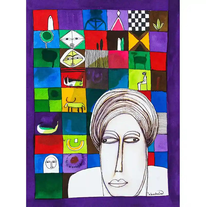 "Fragments of Identity" by Abushariaa Ahmed: colorful mosaic showing elongated portrait surrounded by symbolic squares