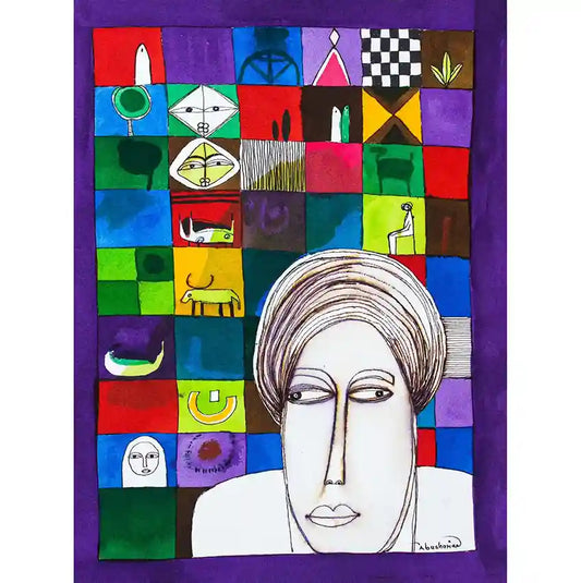 "Fragments of Identity" by Abushariaa Ahmed: colorful mosaic showing elongated portrait surrounded by symbolic squares