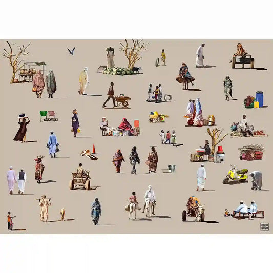 Friday Market digital collage print showing Sudanese vendors in traditional dress at bustling marketplace scene