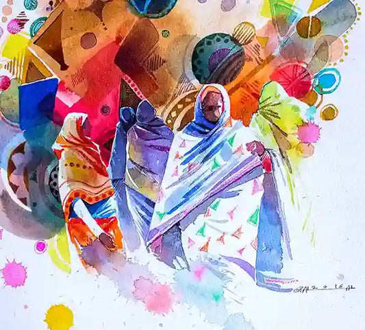 Colorful figurative artwork with women wrapped in cloths against a vibrant background