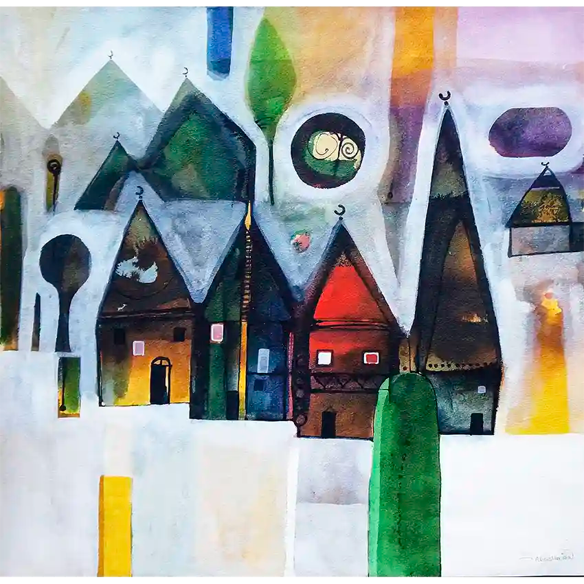 "Garden of Light" art print by Abushariaa Ahmed featuring watercolor village with triangular rooftops in vibrant colors