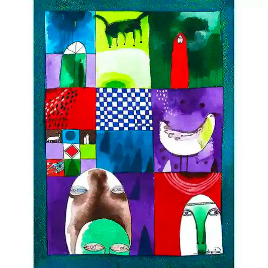 "Geometry of the Mind" art print by Abushariaa Ahmed featuring colorful grid with surreal figures and abstract forms