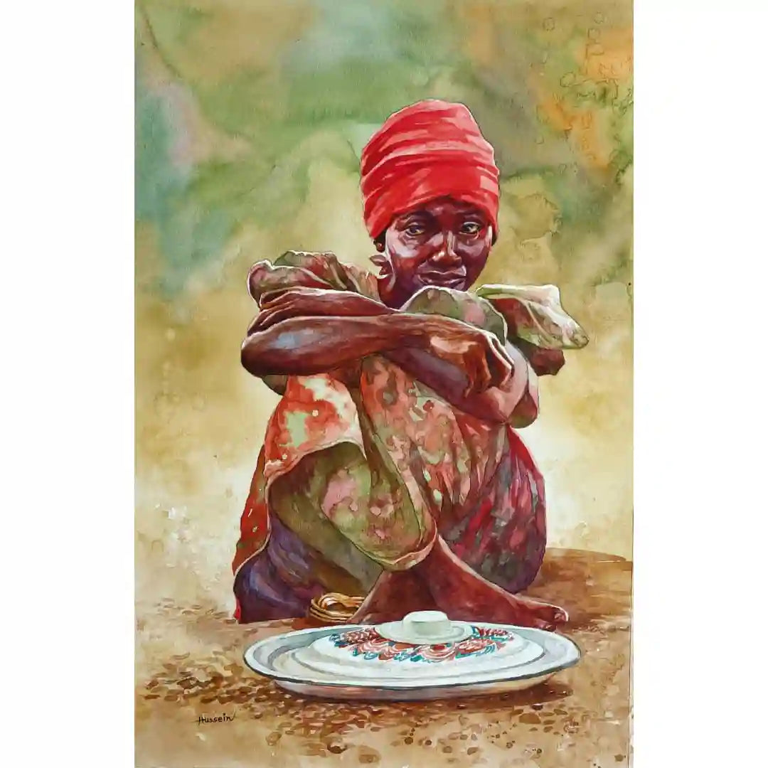 Girl in Red Head Wrap watercolor by Hussein Merghani showing young African girl in crimson headscarf